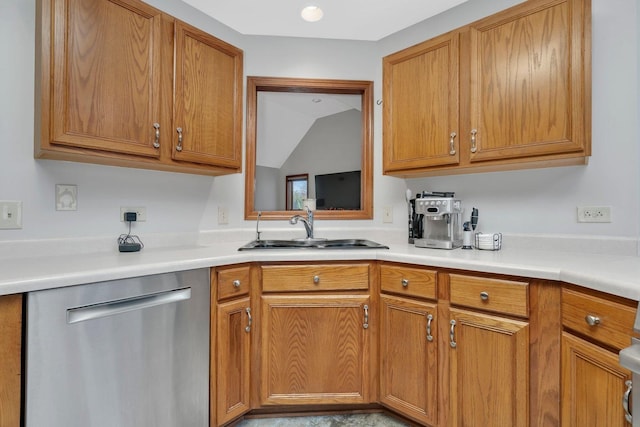 5209 Meadowbrook St, Plainfield, IL 60586 - kitchen featuring stainless steel dishwasher, brown cabinets, and light countertops