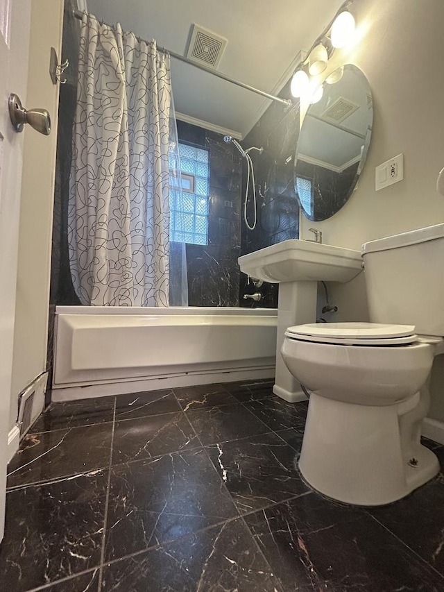 1636 N 75th Ave, Elmwood Park, IL 60707 - full bathroom featuring shower / bathtub combination with curtain and marble look tile flooring
