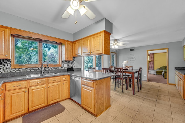 8353 Arrowhead Ln, Orland Park, IL 60462 - kitchen featuring stainless steel dishwasher, ceiling fan, a peninsula, and backsplash