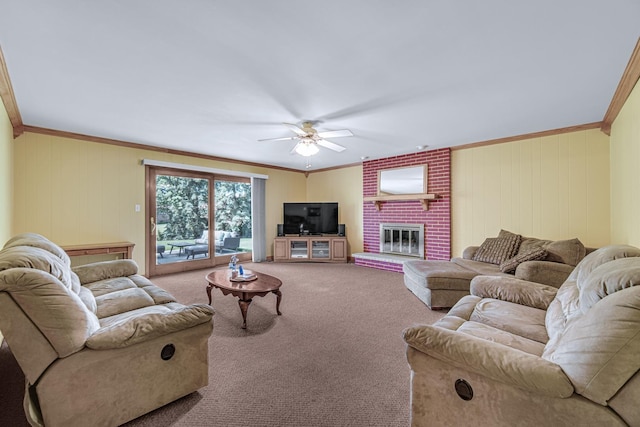 8353 Arrowhead Ln, Orland Park, IL 60462 - carpeted living room with ornamental molding, ceiling fan, a fireplace, and wood walls