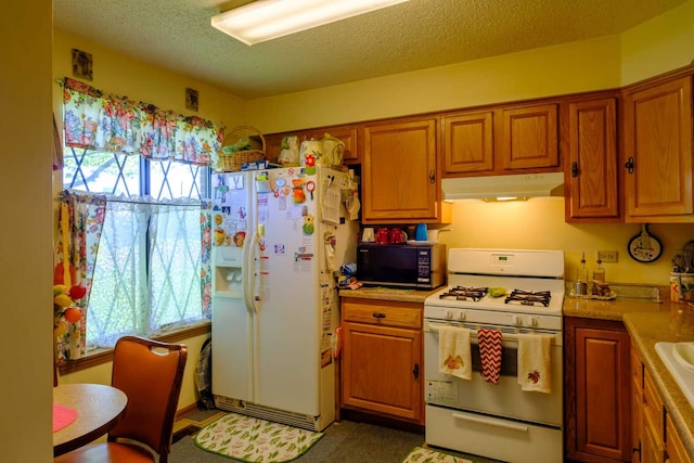 921 Shagbark Rd Unit 921, New Lenox, IL 60451 - kitchen with white appliances, under cabinet range hood, brown cabinetry, healthy amount of natural light, and a textured ceiling