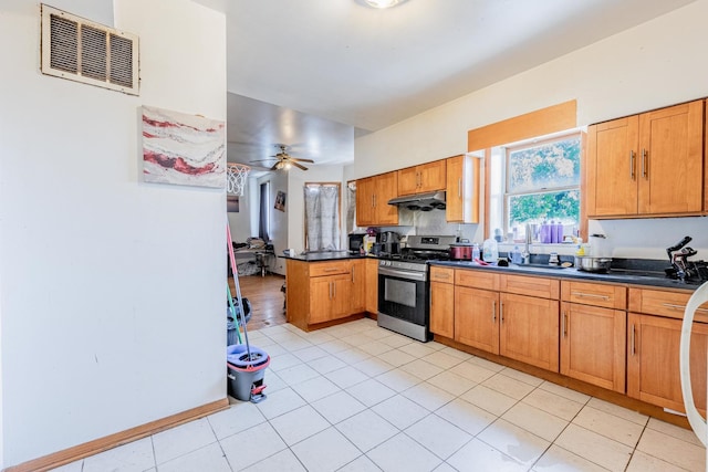 2958 S Lowe Ave, Chicago, IL 60616 - kitchen with stainless steel range with gas cooktop, dark countertops, a peninsula, a ceiling fan, and under cabinet range hood