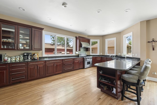 23 S Elm St, Palatine, IL 60067 - kitchen with high end stove, wall chimney range hood, a kitchen breakfast bar, a peninsula, and plenty of natural light