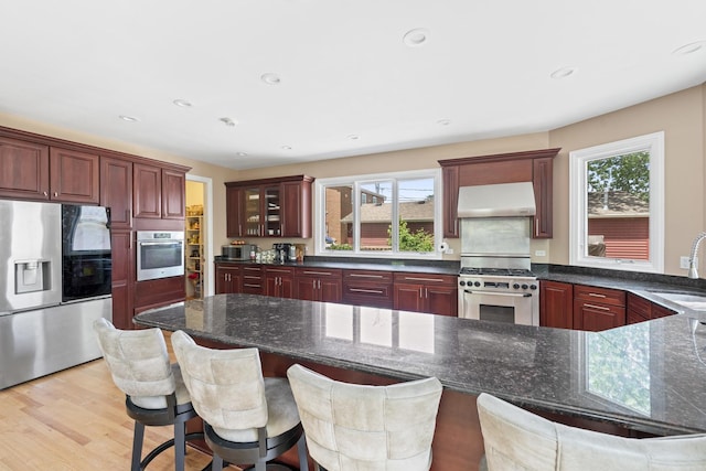23 S Elm St, Palatine, IL 60067 - kitchen featuring appliances with stainless steel finishes, dark brown cabinets, ventilation hood, light wood-style floors, and dark stone countertops