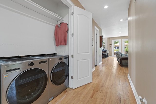 23 S Elm St, Palatine, IL 60067 - washroom featuring washer and clothes dryer, light wood finished floors, and recessed lighting