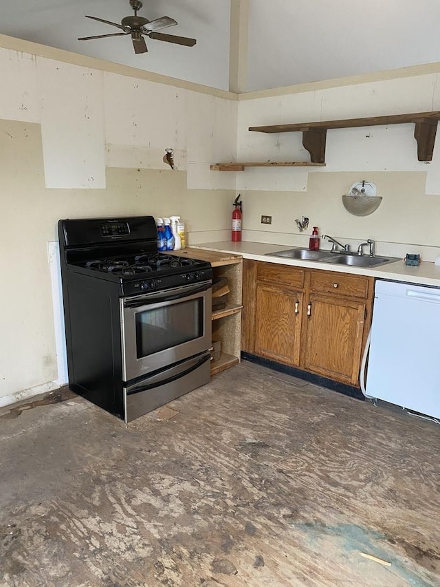 17212 Cottage Ct, Tinley Park, IL 60487 - kitchen with stainless steel gas range, brown cabinetry, a ceiling fan, open shelves, and light countertops