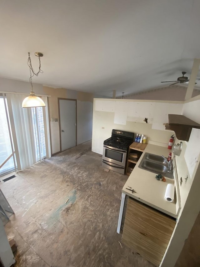 17212 Cottage Ct, Tinley Park, IL 60487 - kitchen featuring stainless steel range with gas stovetop, a ceiling fan, pendant lighting, and light countertops