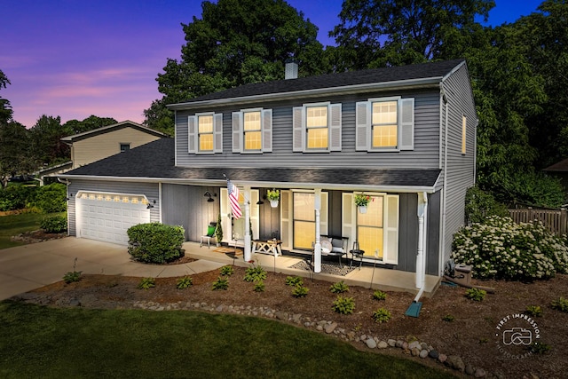 302 Carriage Hill Rd, Naperville, IL 60565 - view of front of home featuring a porch, an attached garage, a chimney, concrete driveway, and a shingled roof