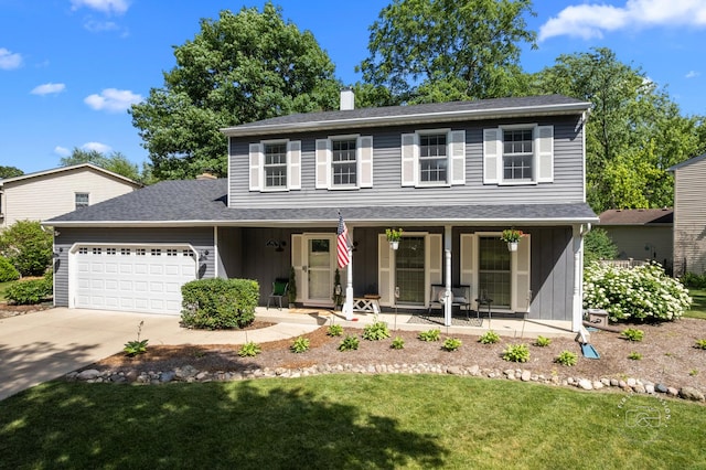 302 Carriage Hill Rd, Naperville, IL 60565 - view of front of house with covered porch, a chimney, a garage, a front lawn, and concrete driveway