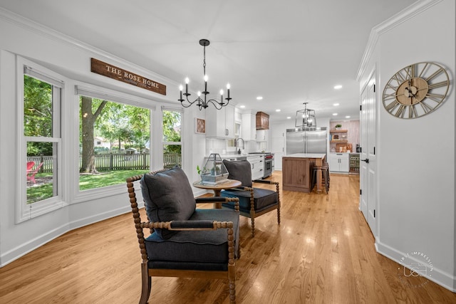302 Carriage Hill Rd, Naperville, IL 60565 - dining space with a chandelier, crown molding, light wood-style floors, and recessed lighting