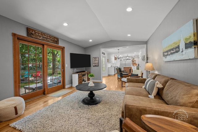 302 Carriage Hill Rd, Naperville, IL 60565 - living area with wood finished floors, a chandelier, vaulted ceiling, and recessed lighting