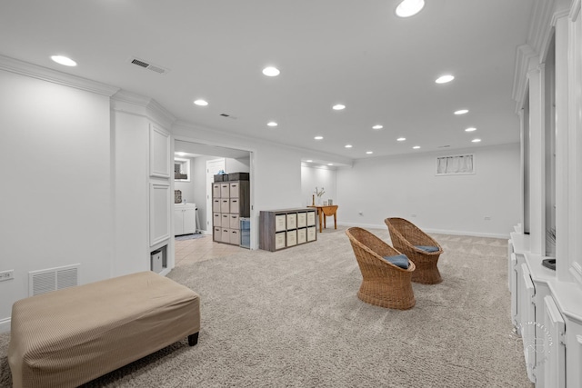 302 Carriage Hill Rd, Naperville, IL 60565 - sitting room with recessed lighting, light carpet, and ornamental molding
