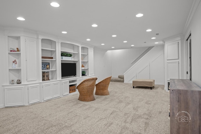 302 Carriage Hill Rd, Naperville, IL 60565 - carpeted living room with recessed lighting, ornamental molding, stairs, and a decorative wall