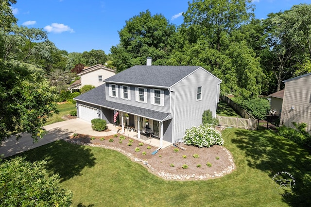 302 Carriage Hill Rd, Naperville, IL 60565 - view of front of property featuring roof with shingles, a porch, concrete driveway, a chimney, and a garage