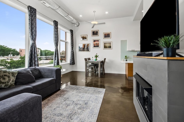 1375 N Milwaukee Ave Unit 3F, Chicago, IL 60622 - living area with concrete floors, recessed lighting, and a fireplace