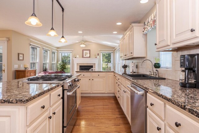 605 Ironwood Cc Dr, Normal, IL 61761 - kitchen with stainless steel appliances, a ceiling fan, a fireplace, lofted ceiling, and light wood-type flooring