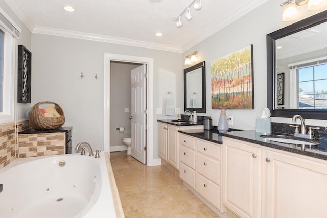 605 Ironwood Cc Dr, Normal, IL 61761 - full bathroom with crown molding, double vanity, and a whirlpool tub