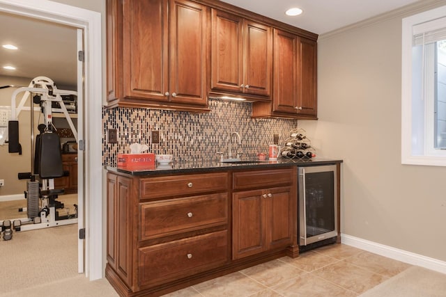 605 Ironwood Cc Dr, Normal, IL 61761 - indoor wet bar featuring beverage cooler, backsplash, recessed lighting, crown molding, and light tile patterned flooring