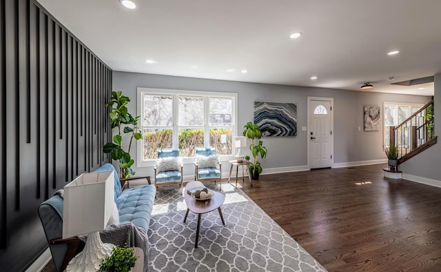 22W046 Mccormick Ave, Glen Ellyn, IL 60137 - living room featuring wood finished floors, recessed lighting, and stairs