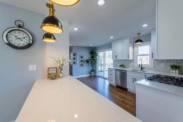 22W046 Mccormick Ave, Glen Ellyn, IL 60137 - kitchen with dishwasher, tasteful backsplash, dark wood finished floors, white cabinetry, and recessed lighting