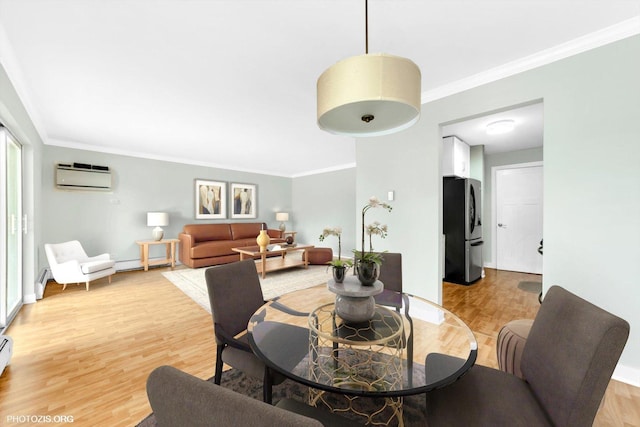 461 N Jonathan Dr Unit 204, Palatine, IL 60074 - dining space featuring light wood finished floors, crown molding, a wall unit AC, and baseboard heating