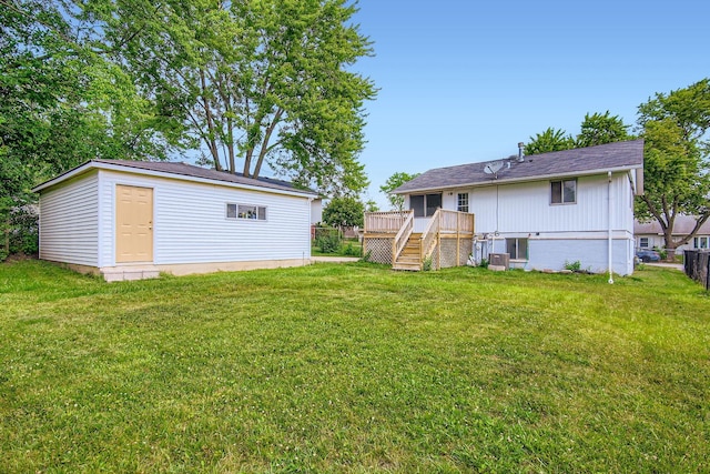 4723 Lee Ct, Richton Park, IL 60471 - back of house featuring stairway, an outbuilding, a wooden deck, and a yard