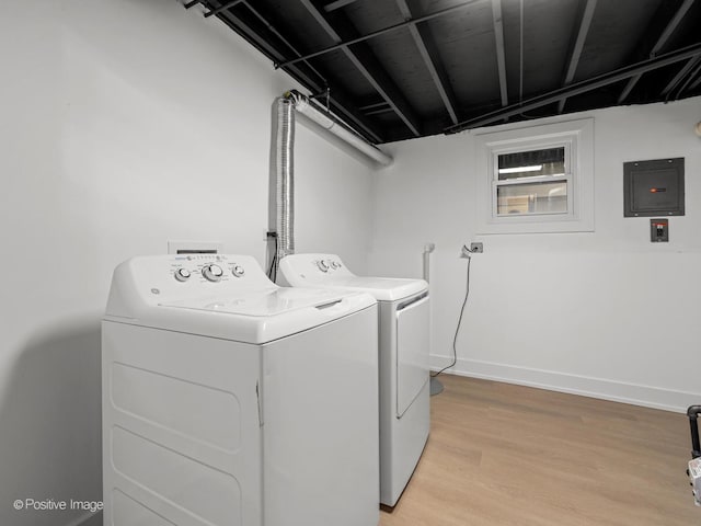 6950 Longmeadow Ln, Hanover Park, IL 60133 - laundry room featuring washer and dryer, electric panel, and light wood-style flooring