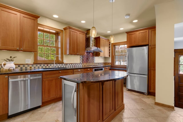 3838 Johnson Ave, Western Springs, IL 60558 - kitchen featuring appliances with stainless steel finishes, wall chimney exhaust hood, decorative backsplash, a center island, and recessed lighting