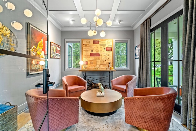 125 S Madison St, Hinsdale, IL 60521 - sitting room featuring healthy amount of natural light, coffered ceiling, ornamental molding, and beamed ceiling