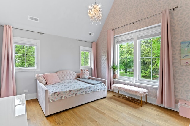125 S Madison St, Hinsdale, IL 60521 - bedroom featuring wallpapered walls, vaulted ceiling, a chandelier, and light wood-type flooring