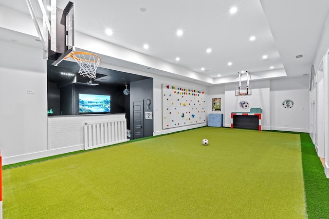 125 S Madison St, Hinsdale, IL 60521 - game room featuring carpet floors, a putting area, recessed lighting, and a tray ceiling