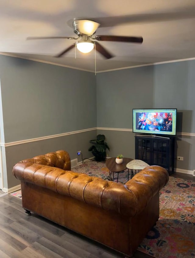 5814 S Laflin St, Chicago, IL 60636 - living room featuring wood finished floors, ornamental molding, and ceiling fan
