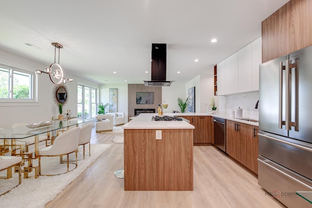 1729 N Mitchell Ave, Arlington Heights, IL 60004 - kitchen with stainless steel appliances, island exhaust hood, light wood finished floors, light countertops, and a kitchen island