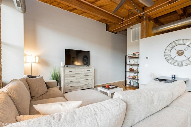 1040 W Adams St Unit 406, Chicago, IL 60607 - living area with a wooden ceiling with exposed beams and wood finished floors