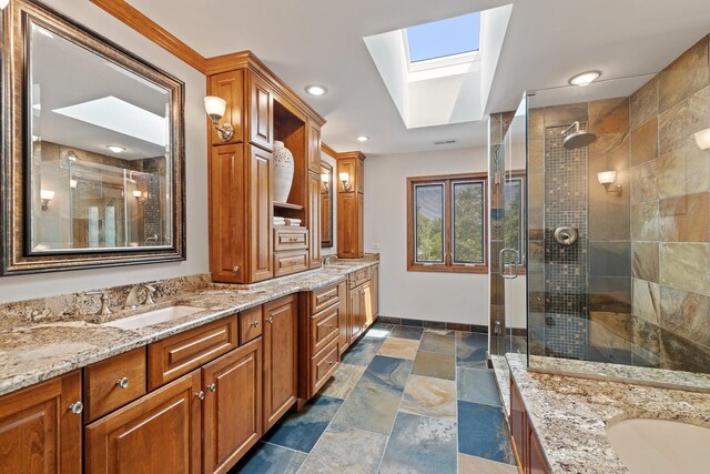 9901 Mission, Palos Park, IL 60464 - full bath with a skylight, double vanity, a shower stall, stone tile flooring, and recessed lighting