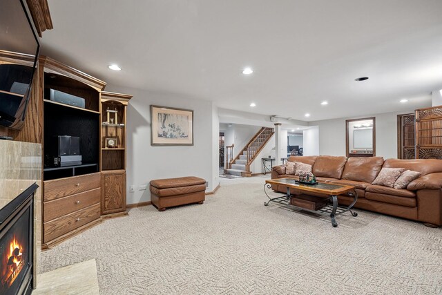 9901 Mission, Palos Park, IL 60464 - living room with light colored carpet, stairs, recessed lighting, and a fireplace