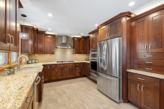 9901 Mission, Palos Park, IL 60464 - kitchen featuring appliances with stainless steel finishes, wall chimney range hood, recessed lighting, decorative backsplash, and light stone counters