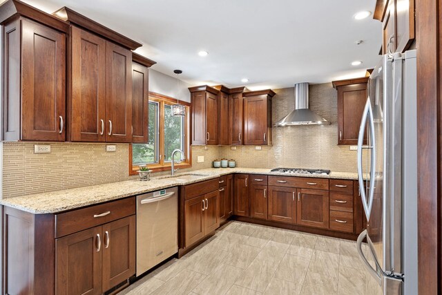 9901 Mission, Palos Park, IL 60464 - kitchen with appliances with stainless steel finishes, wall chimney range hood, backsplash, light stone counters, and recessed lighting