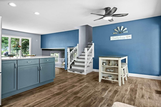 1106 Countryside Ln, Pontiac, IL 61764 - kitchen with dark wood-type flooring, a ceiling fan, light countertops, and recessed lighting