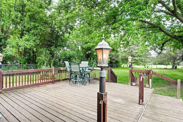 1106 Countryside Ln, Pontiac, IL 61764 - wooden deck featuring outdoor dining space, a fenced backyard, and view of wooded area