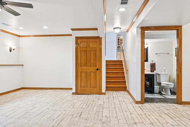 42280 N Center St, Antioch, IL 60002 - unfurnished room with wood finished floors, a ceiling fan, stairway, ornamental molding, and recessed lighting