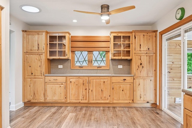 42280 N Center St, Antioch, IL 60002 - kitchen featuring a ceiling fan, light brown cabinetry, light wood finished floors, decorative backsplash, and recessed lighting