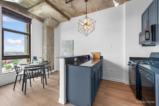 1550 S Blue Island Ave Unit 822, Chicago, IL 60608 - kitchen with black gas range, blue cabinetry, dishwasher, light wood-style floors, and a peninsula