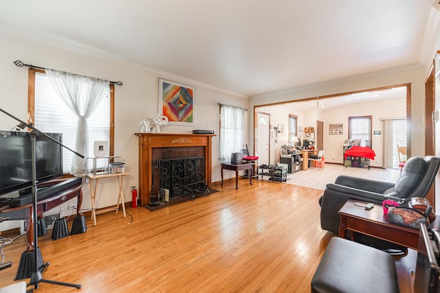 29 Oak Ridge Ave, Hillside, IL 60162 - living area featuring wood finished floors, ornamental molding, and a fireplace with flush hearth