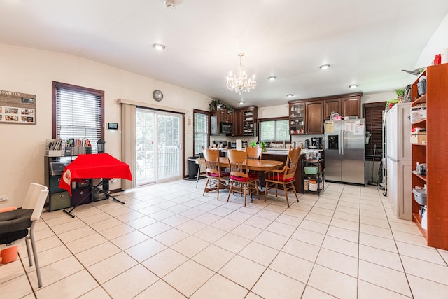 29 Oak Ridge Ave, Hillside, IL 60162 - dining space featuring a chandelier, light tile patterned flooring, recessed lighting, and vaulted ceiling