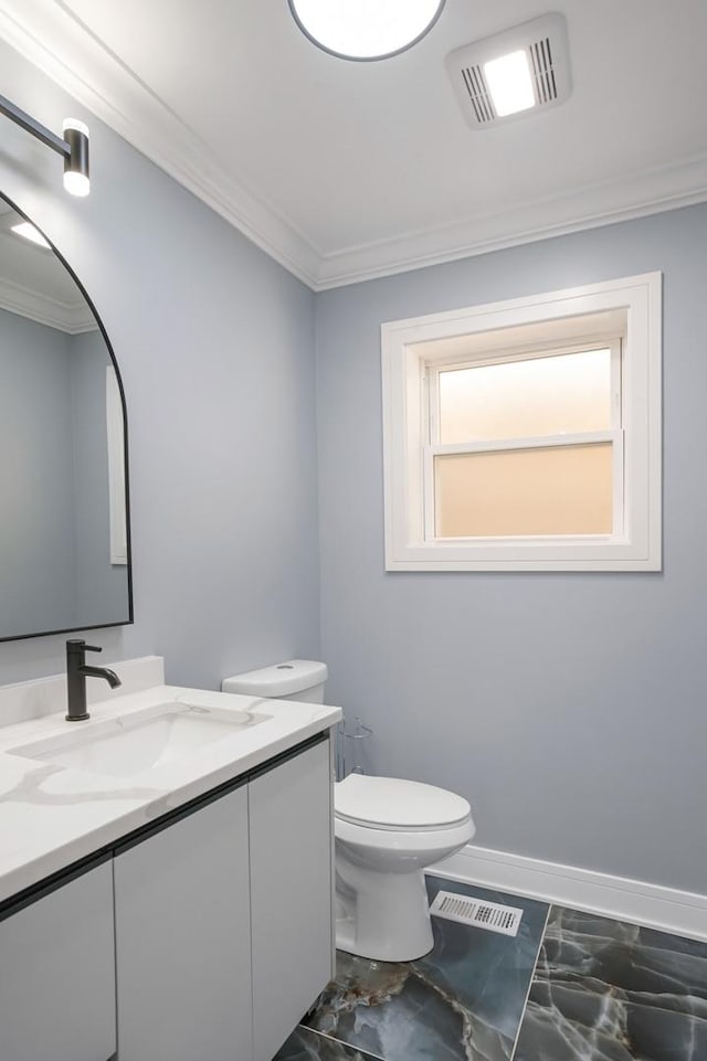 4546 Howard St, Skokie, IL 60076 - half bathroom with marble look tiles, vanity, and crown molding