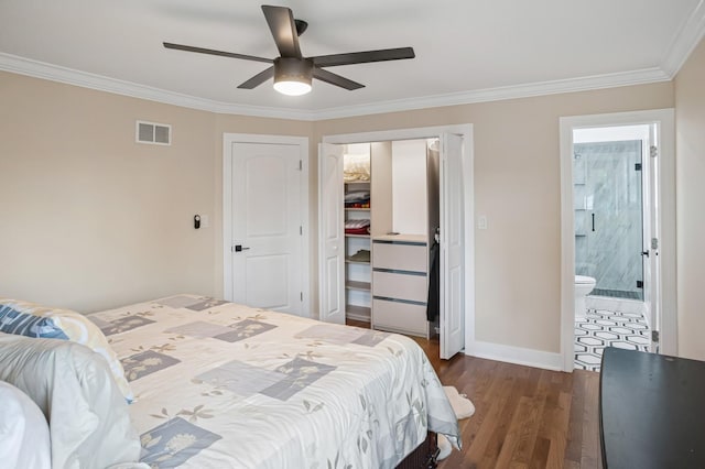 4546 Howard St, Skokie, IL 60076 - bedroom featuring ornamental molding, wood finished floors, ceiling fan, a closet, and connected bathroom