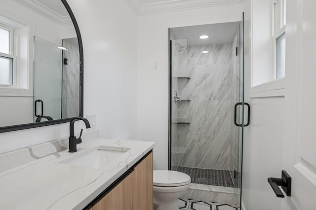 4546 Howard St, Skokie, IL 60076 - full bath featuring vanity, a stall shower, and ornamental molding