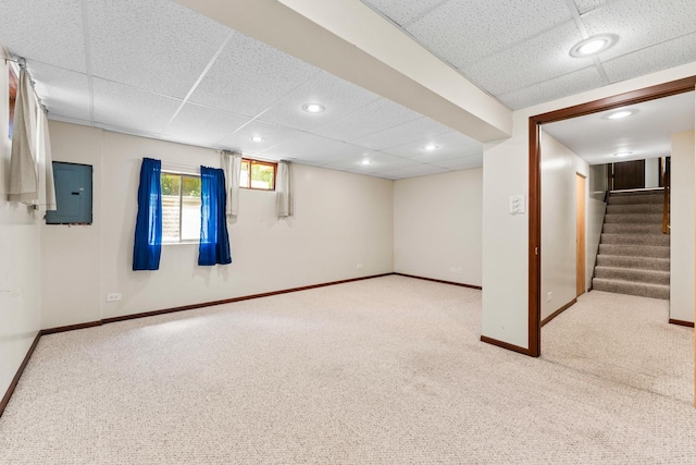 1707 Roosa Ln, Elk Grove Village, IL 60007 - basement with carpet, a drop ceiling, stairs, recessed lighting, and electric panel