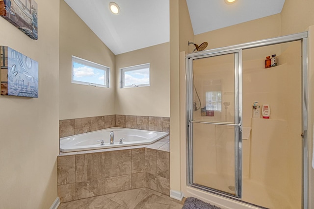 504 W Hillcrest Dr, Romeoville, IL 60446 - full bath with a bath, a shower stall, vaulted ceiling, and recessed lighting